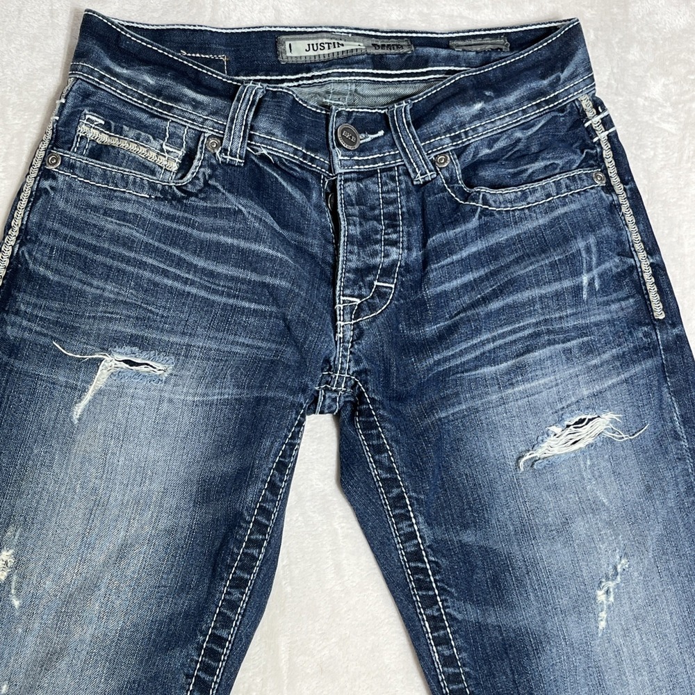 BKE Buckle Justin Mens 28x31 1/2 Distressed Straight Thick Stitch Jeans Jake EUC - Picture 6 of 16